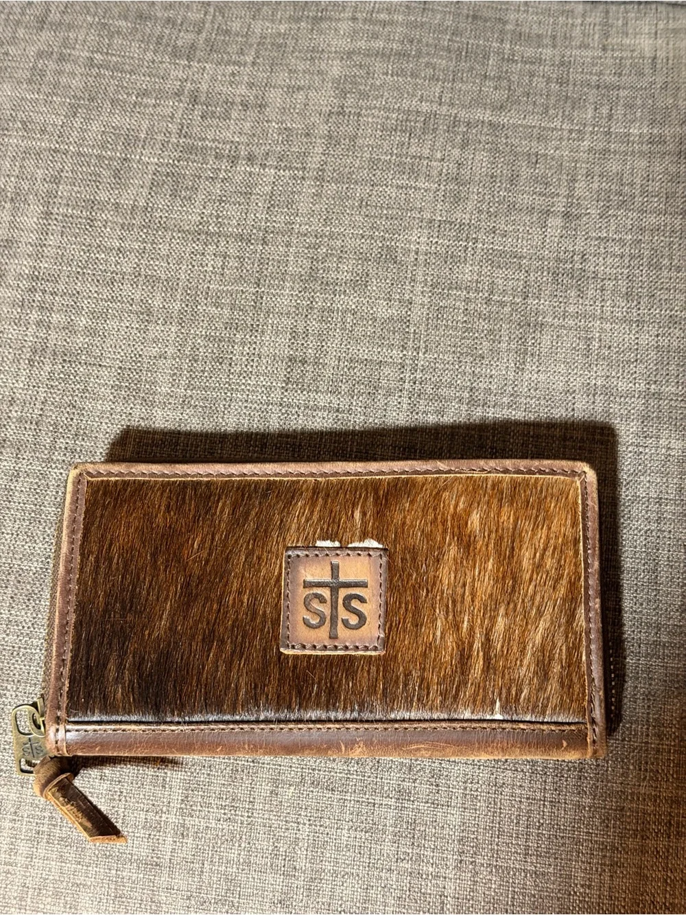 STS Ranchwear Brown Hair-On Leather Zip Card Wallet with Logo